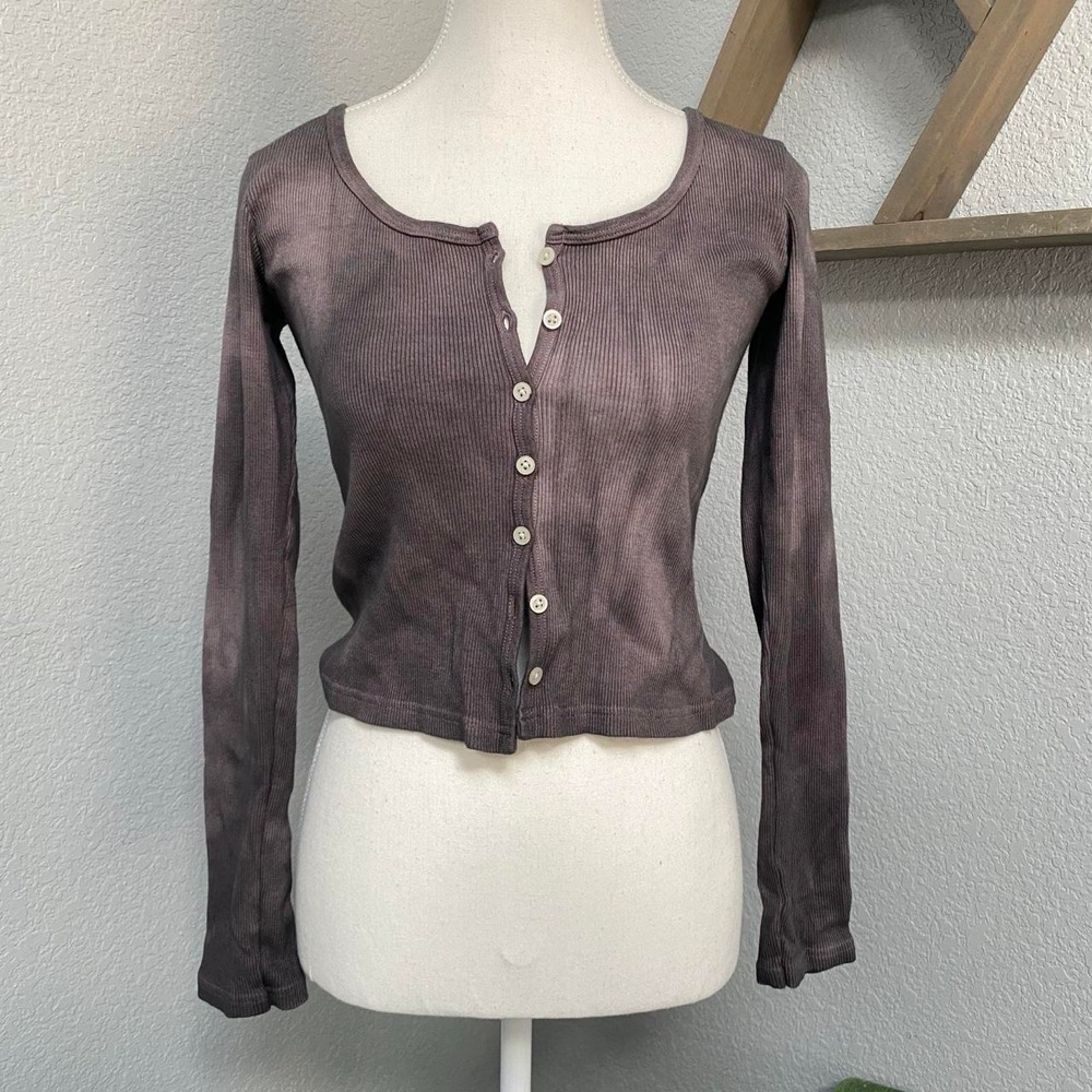 BRANDY MELVILLE BROWN GREY TIE DYE CROP CARDIGAN RIBBED LONG SLEEVE Y2K GRUNGE